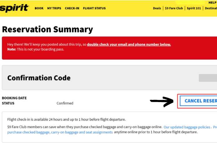 click on Cancel Reservation for Cancel Spirit Airlines Flight